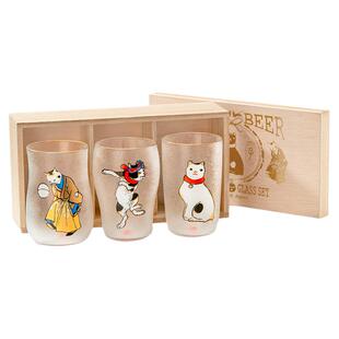 aderia日本进口石冢硝子江户猫磨砂玻璃水杯啤酒杯木盒清酒杯礼品