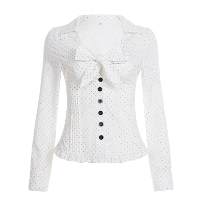 WEEKEEP 法式波点绑带镂空V领排扣长袖衬衫女百搭修身收腰上衣