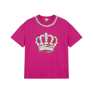 Juicy Couture橘滋T恤女26夏季新款玫红色皇冠印花美式刺绣短袖