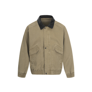 【撞色拼接】2026春季新款pu皮复古翻领夹克男款宽松休闲工装外套