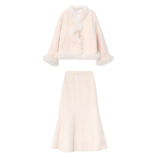 瑞雪丰年 橘粉色拉绒外套加厚冬季鱼尾半身裙新中式套装两件套