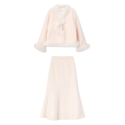 橘粉色拉绒外套鱼尾裙新中式套装