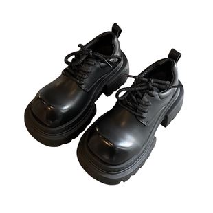 大头厚底小皮鞋女加绒增高系带单鞋