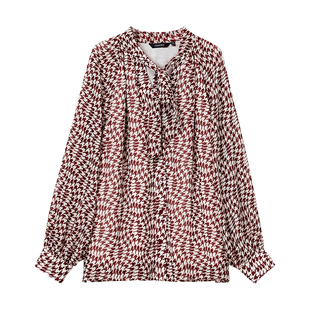 颜域红色格纹衬衫女2026初春新款泡泡袖通勤显瘦打底印花雪纺上衣