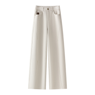 米色加绒加厚直筒软牛仔裤女2025年冬季新款高腰显瘦窄版阔腿裤子