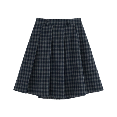 CCKOK毛呢磨毛小格纹百褶中裙