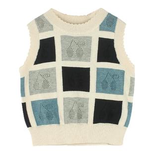 大耳象女童格子樱桃针织马甲秋季新款宝儿休闲针织背心上衣