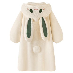 睡衣女秋冬季珊瑚绒睡袍长裤套装兔子耳朵连帽冬季长款加厚家居服