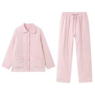 全棉时代睡衣女士法兰绒夹棉家居套装睡衣保暖纯棉长袖长裤加厚