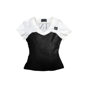 Gods plan*上帝计划25ss原创辣妹基础通勤撞色正肩束腰修身短袖女