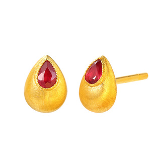 万司珍手工古法黄金幸运孔雀翎耳钉养耳针足金耳钉红宝石纯金礼物