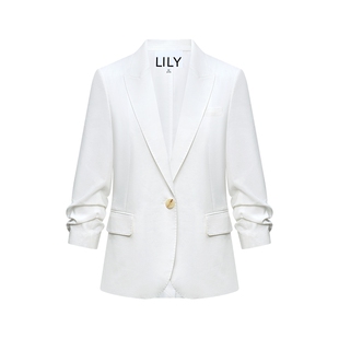 LILY2026夏新款女装莱赛尔亚麻混纺老钱收腰气质通勤浅色西装外套