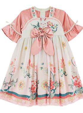幼悠女童小兔刺绣汉服连衣裙2025夏季荷叶花边喇叭拼袖国风裙子潮