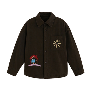 砚台家童装男童加绒衬衫冬款中小童森系刺绣上衣儿童纯棉衣服冬装