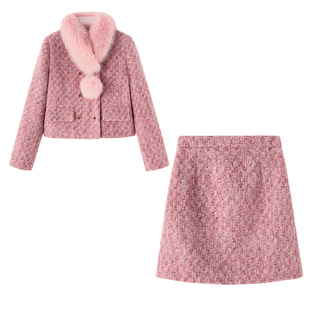 毛呢套装女装小个子冬装气质妈妈高级感外套白鸭羽绒两件套半身裙