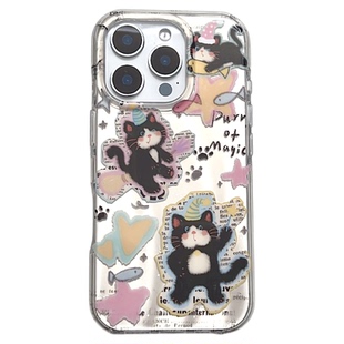 SHERRY*ins风涂鸦星星报纸小黑猫可爱适用于苹果17ProMax手机壳iPhone16Pro小众少女心15简约14清新13卡通夏