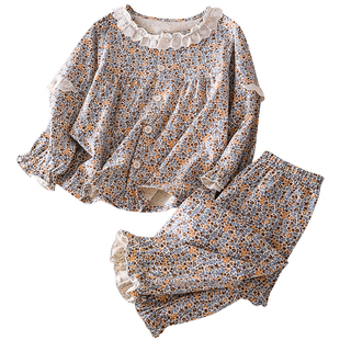 蔚未来女童睡衣春秋款儿童纯棉家居服女孩洋气花边长袖碎花套装