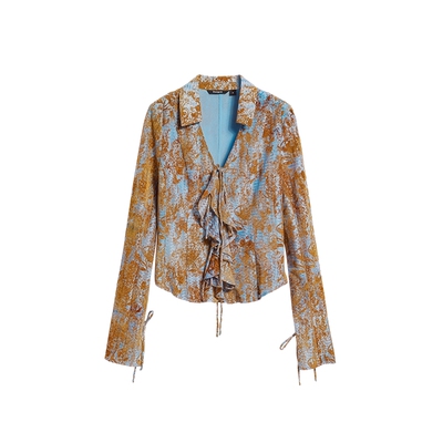 Desigual【博主同款】26秋冬新品扎染风格植绒荷叶边系带女式衬衫