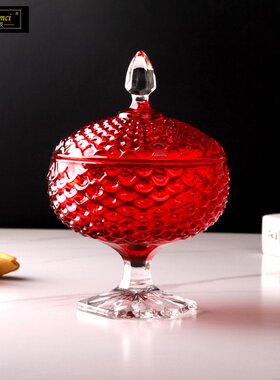红色加厚水晶玻璃糖果罐干果结婚家用罐糖缸糖盖物罐罐罐储带收纳