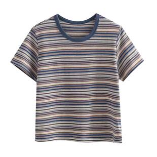 韩版复古拼色条纹正肩短袖T恤女夏季新款ins百搭小版型打底衫上衣