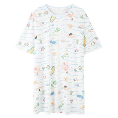 三福睡裙女款春夏季净雪花棉抗菌睡衣甜美印花宽松趣味短袖家居服