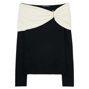 ZA外贸出口法式一字领撞色直领露肩长袖搭扣饰软质上衣女 0264404