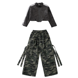 爵士舞服女童复古短款皮衣迷彩裤jazz走秀服女团韩舞现代舞演出服