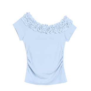 pusumede 浪漫花漾 白色斜肩一字肩短袖t恤女花边设计感气质上衣