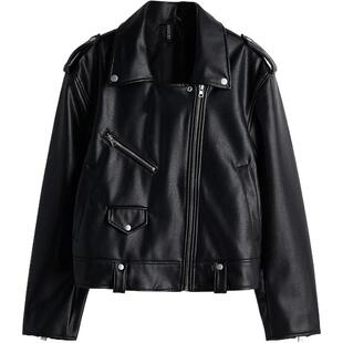 HM女装短外套春季涂层斜拉链平驳领按扣长袖机车夹克1228445