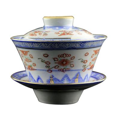 景德镇青花玲珑加彩描金三才盖碗