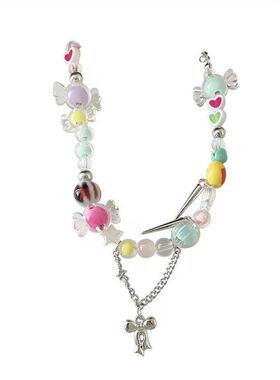 糖果甜心!彩色蝴蝶结流苏项链女小众设计网红配饰甜酷辣妹锁骨链