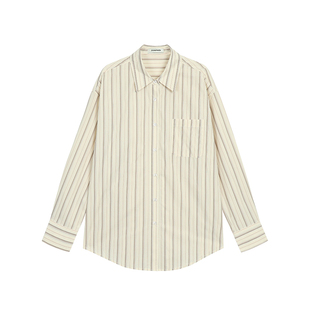 pusumede 轻简随意 复古条纹长袖衬衫女宽松休闲上衣翻领通勤衬衣