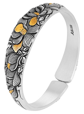 银千造 玉兰知春足银999实心开口手工非遗镶金玉兰花银手镯女款镯