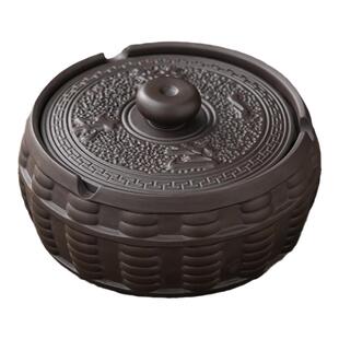 创意紫砂一本万利烟灰缸家用客厅办公室高级感陶瓷带盖防飞灰中式