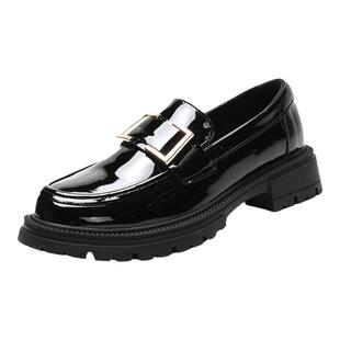 真皮小皮鞋女2026春季新款复古圆头厚底方扣单鞋英伦风加绒乐福鞋