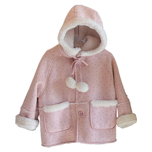 女童年货鹿皮加绒外套25年冬儿童连帽皮毛一体羊羔绒碎花保暖上衣