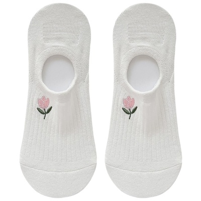 5双装纯棉可爱刺绣少女船袜