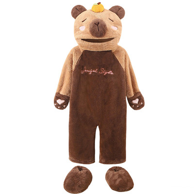 卡皮巴拉冬季亲子珊瑚绒连体睡衣