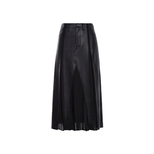 FIVE PLUSPU皮裙女半身裙中长款复古开叉百褶A字裙