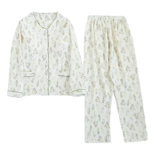 春夏V领带胸垫全棉水洗邹布纱布女睡衣长袖长裤套装纯棉秋家居服