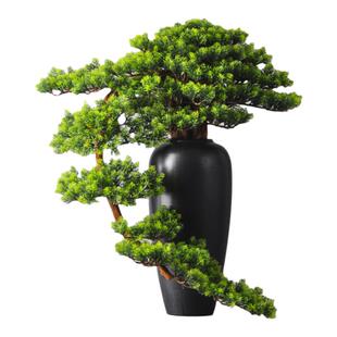 新中式仿真迎客松盆景摆件崖柏根雕木制工艺品客厅玄光装饰摆件