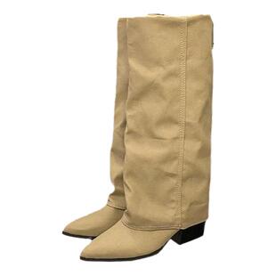 欧美尖头裤管靴2026秋冬款显瘦长筒靴女不过膝百搭粗跟西部牛仔靴