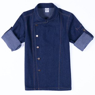 餐饮饭店酒店后厨房牛仔厨师工作服短袖长袖厨师服男工装制服套装