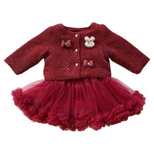 女童冬装红色套装小香风连衣裙儿童新年拜年服女宝宝圣诞公主裙子