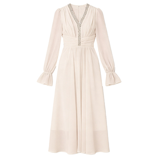 DPLAY轻奢闪钻系列】白色长袖连衣裙2026春季新款气质礼服长裙女