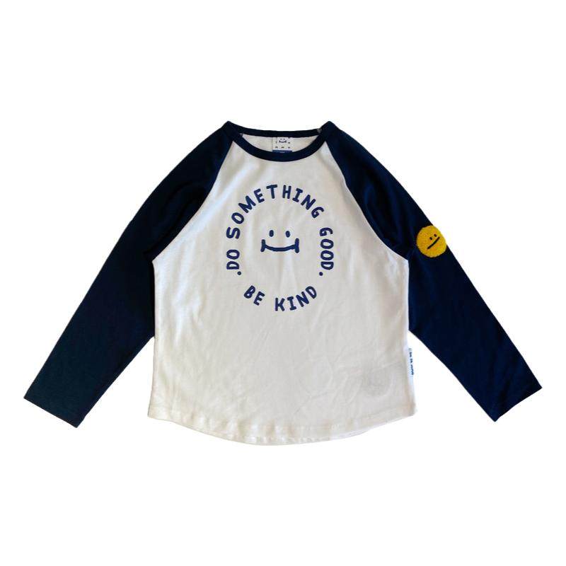 iaiammo原创设计春秋新洋气笑脸拼接插肩圆领袖宽松纯棉长袖童T恤