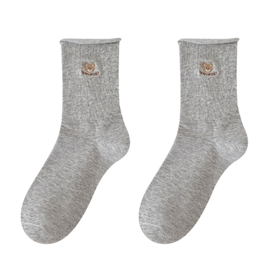 春秋季精梳棉刺绣小熊卷边堆堆袜