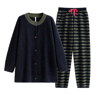 悦内半边绒睡衣女秋冬款冬季加厚加绒珊瑚绒家居服冬天保暖小香风