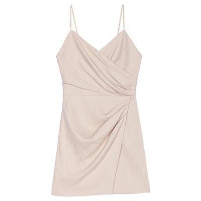 Maje春夏女装法式气质亚麻混纺米黄色V领气质金色链条吊带连衣裙