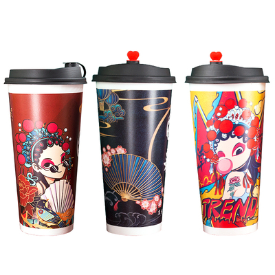 奶茶加厚冷热国潮带盖纸杯定制